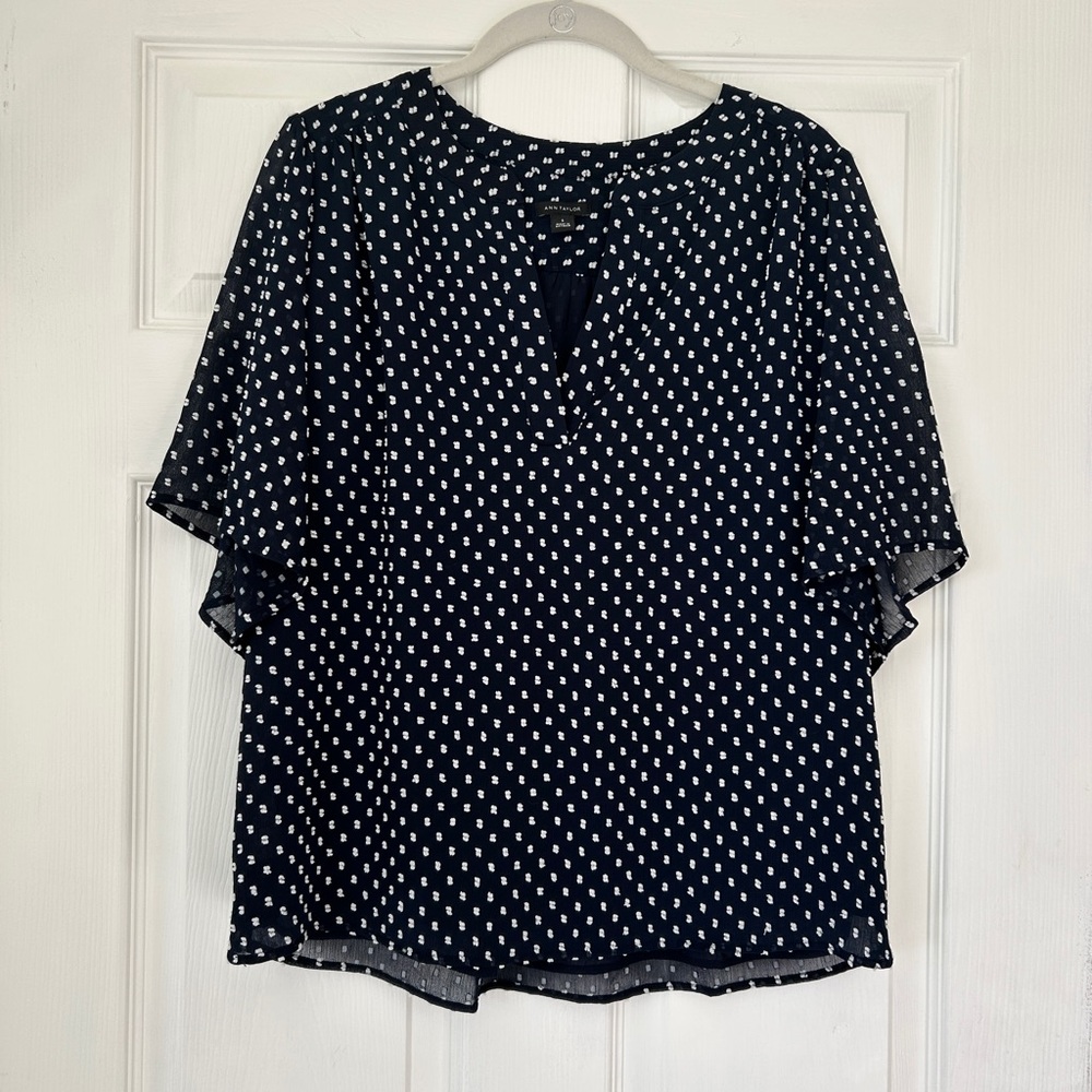 Ann Taylor Navy Blue Blouse with White Dot Print